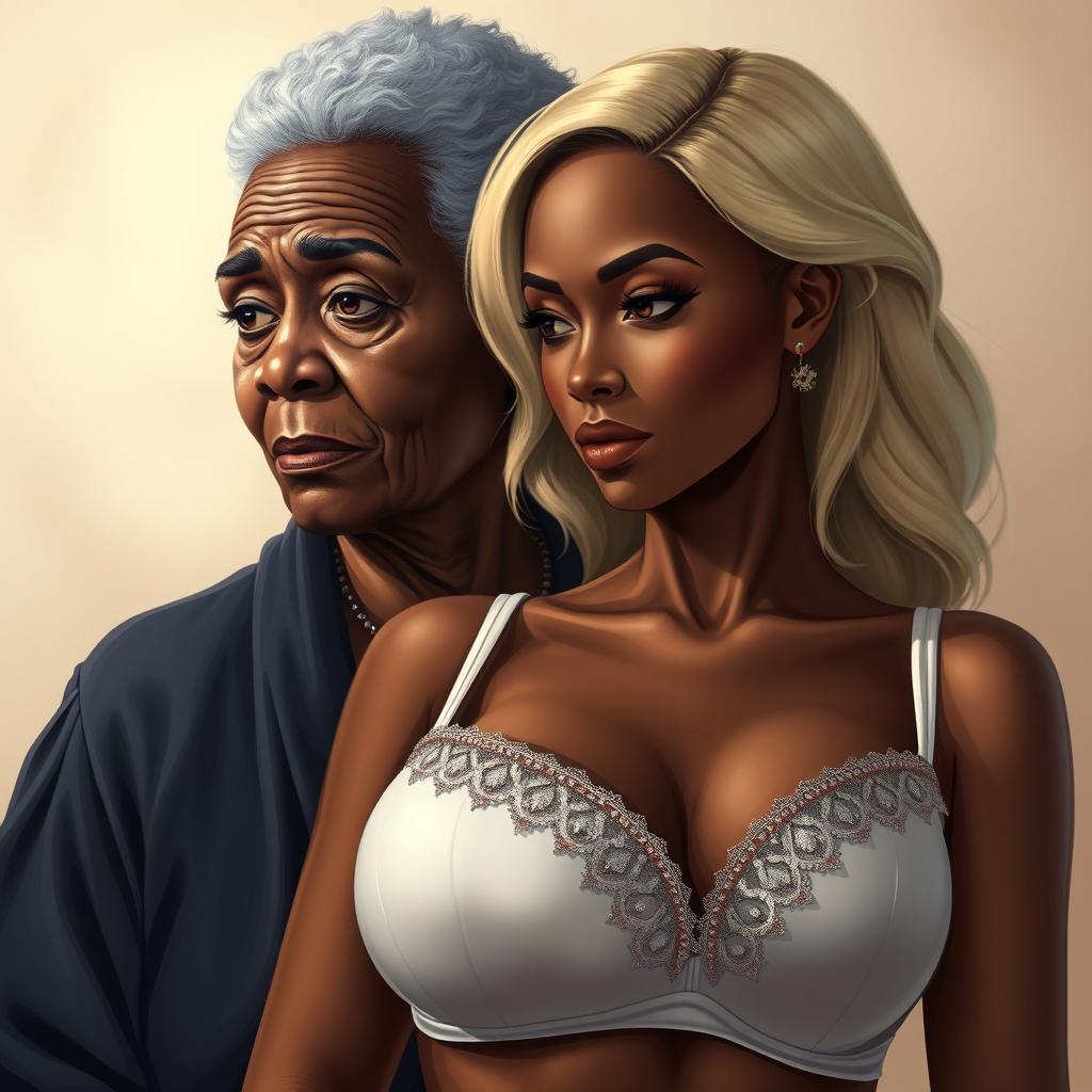 A realistic illustration depicting an older African woman with distinctive features, showcasing her age gracefully