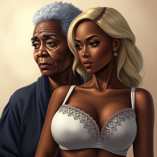 A realistic illustration depicting an older African woman with distinctive features, showcasing her age gracefully
