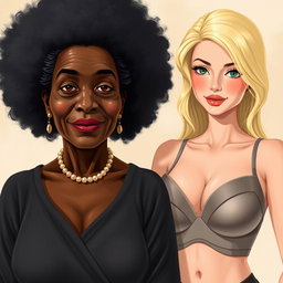 A realistic illustration depicting an older African woman with distinctive features, showcasing her age gracefully