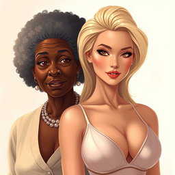A realistic illustration featuring an older African woman with distinct features and a unique beauty, posed next to a beautiful blonde woman, who has large breasts accentuated by a stylish, elegant bra