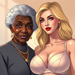 A realistic illustration featuring an older African woman with distinct features and a unique beauty, posed next to a beautiful blonde woman, who has large breasts accentuated by a stylish, elegant bra