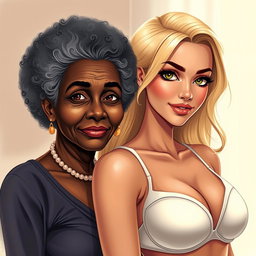 A realistic illustration featuring an older African woman with distinct features and a unique beauty, posed next to a beautiful blonde woman, who has large breasts accentuated by a stylish, elegant bra