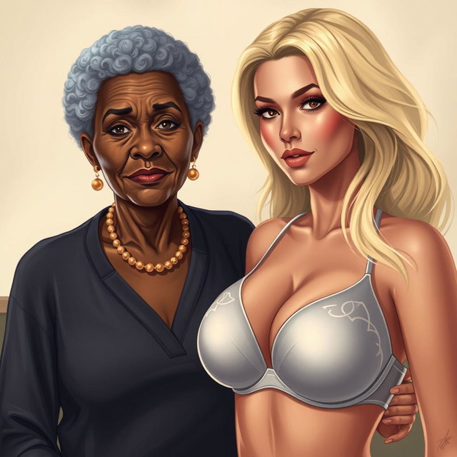 A realistic illustration featuring an older African woman with distinct features and a unique beauty, posed next to a beautiful blonde woman, who has large breasts accentuated by a stylish, elegant bra