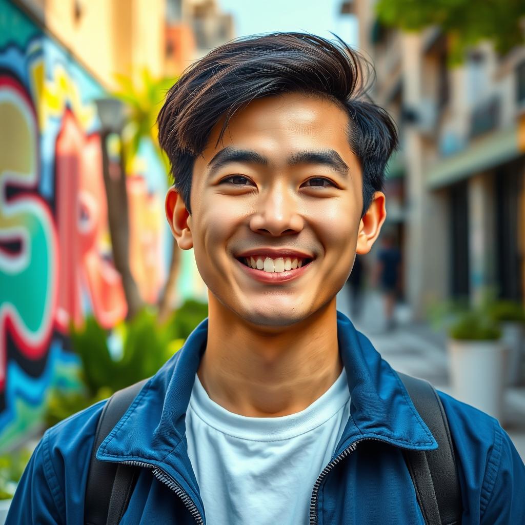 A portrait of a young Chinese man with a warm smile, wearing a stylish blue jacket and a white t-shirt underneath
