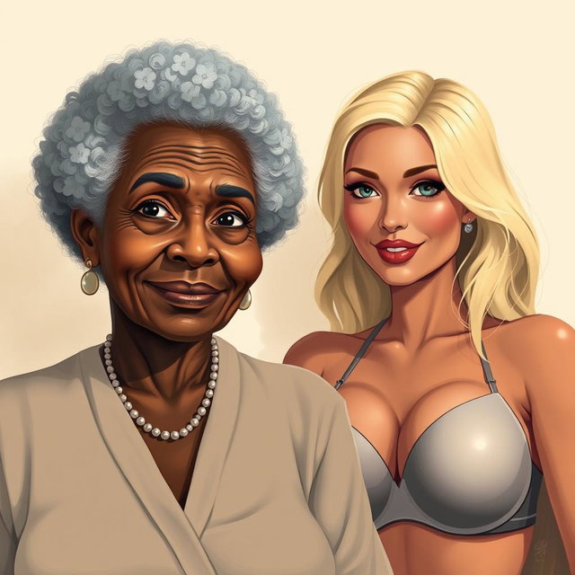 A realistic illustration of an older African woman with distinctive features, showcasing her natural beauty and character