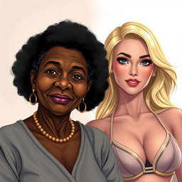 A realistic illustration of an older African woman with distinctive features, showcasing her natural beauty and character