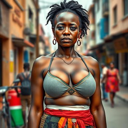 A realistic depiction of an unattractive African woman with a large bust, wearing a bra, standing confidently