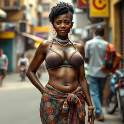 A realistic depiction of an unattractive African woman with a large bust, wearing a bra, standing confidently