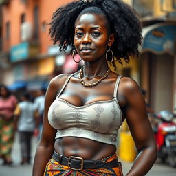 A realistic depiction of an unattractive African woman with a large bust, wearing a bra, standing confidently