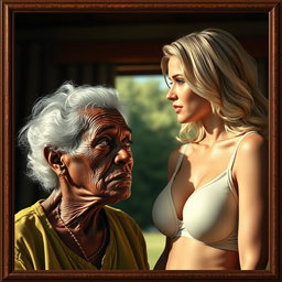A realistic depiction of an unattractive elderly African woman with a wise expression, gazing longingly at a young blonde woman with a large bust, wearing a bra
