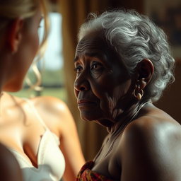 A realistic depiction of an unattractive elderly African woman with a wise expression, gazing longingly at a young blonde woman with a large bust, wearing a bra