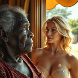 A realistic depiction of an unattractive elderly African woman with a wise expression, gazing longingly at a young blonde woman with a large bust, wearing a bra