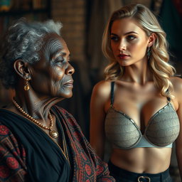 A realistic portrayal of an unattractive elderly African woman with a contemplative expression, gazing longingly at a young blonde woman with a large bust, confidently wearing a stylish bra