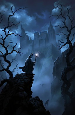 A dark fantasy landscape filled with twisted trees and ominous storm clouds