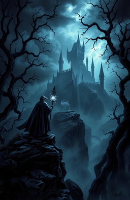 A dark fantasy landscape filled with twisted trees and ominous storm clouds