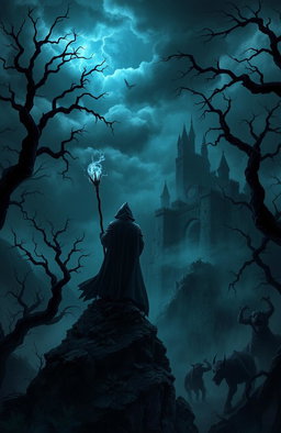 A dark fantasy landscape filled with twisted trees and ominous storm clouds