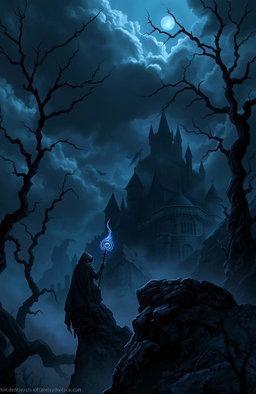 A dark fantasy landscape filled with twisted trees and ominous storm clouds