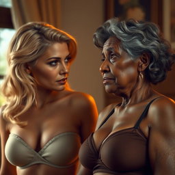 A realistic portrayal of an unattractive elderly African woman with a contemplative look, gazing enviously at a young blonde woman with an ample bust, dressed in a stylish bra