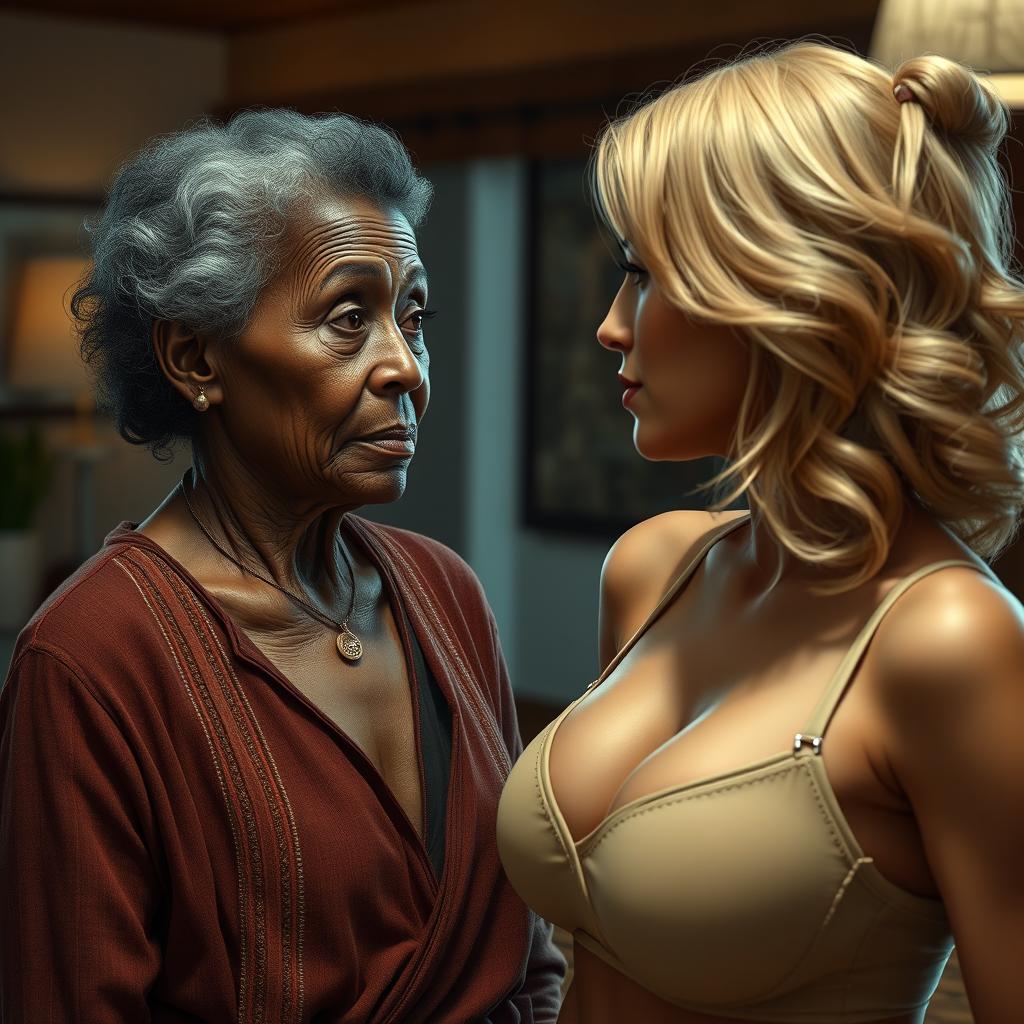 A realistic portrayal of an unattractive elderly African woman with a contemplative look, gazing enviously at a young blonde woman with an ample bust, dressed in a stylish bra