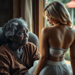 A realistic scene featuring an unattractive elderly African woman with a pensive expression, looking longingly at a young blonde woman with a voluptuous figure, dressed in a fashionable bra