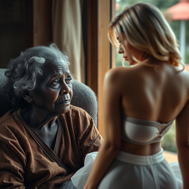A realistic scene featuring an unattractive elderly African woman with a pensive expression, looking longingly at a young blonde woman with a voluptuous figure, dressed in a fashionable bra