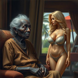 A realistic depiction of an unattractive elderly African woman with a wistful gaze, yearning for a young blonde woman who possesses a voluptuous figure, elegantly dressed in a stylish bra