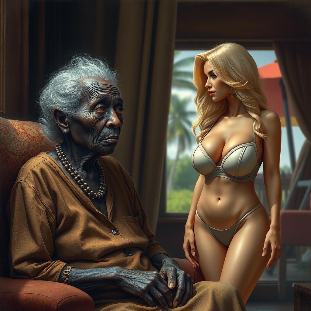 A realistic depiction of an unattractive elderly African woman with a wistful gaze, yearning for a young blonde woman who possesses a voluptuous figure, elegantly dressed in a stylish bra