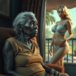 A realistic depiction of an unattractive elderly African woman with a wistful gaze, yearning for a young blonde woman who possesses a voluptuous figure, elegantly dressed in a stylish bra