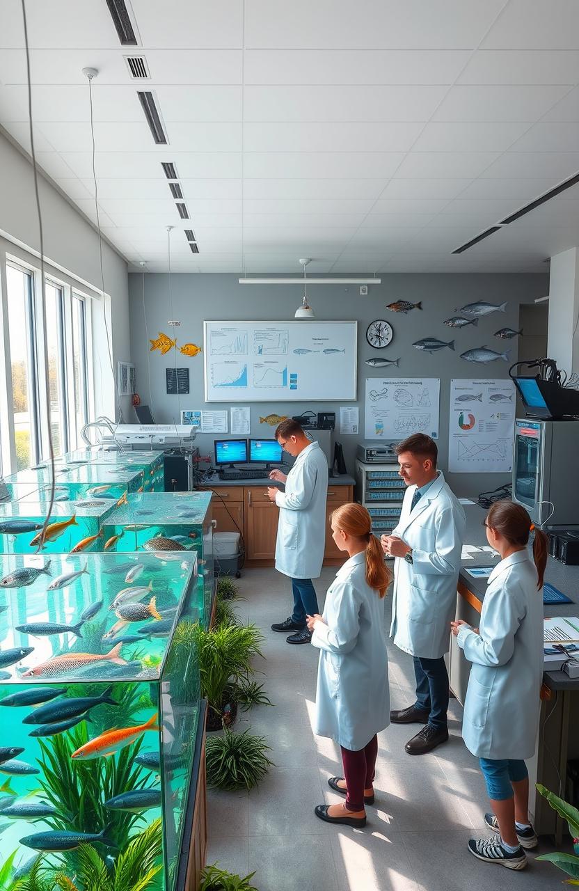 A vibrant and dynamic scene illustrating various laboratory exercises in capture fisheries