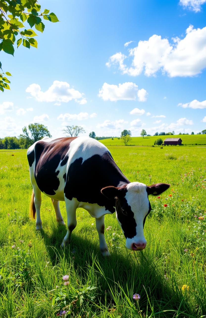 A serene scene of a grazing cow in a lush green meadow