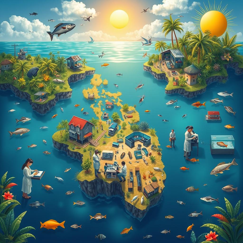 A detailed and engaging scene depicting laboratory exercises in capture fisheries set within the context of a map of the Philippines
