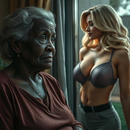 A realistic portrayal of an unattractive elderly African woman, with a melancholic yet dreamy expression, gazing longingly at a young blonde woman with large breasts, elegantly adorned in a chic bra