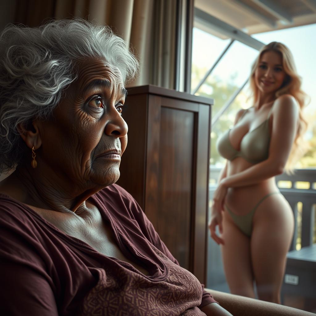 A realistic portrayal of an unattractive elderly African woman, with a melancholic yet dreamy expression, gazing longingly at a young blonde woman with large breasts, elegantly adorned in a chic bra