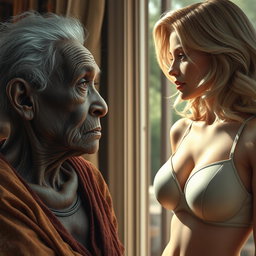A realistic portrayal of an unattractive, thin elderly African woman with a deep sense of longing in her expression, gazing enviously at a young blonde woman with large breasts, elegantly wearing a stylish bra