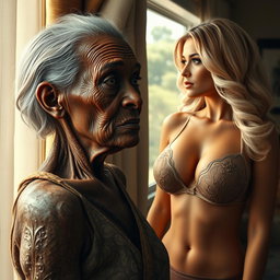 A realistic portrayal of an unattractive, thin elderly African woman with a deep sense of longing in her expression, gazing enviously at a young blonde woman with large breasts, elegantly wearing a stylish bra