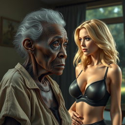 A realistic depiction of an unattractive, thin elderly African woman with a deep sense of longing in her eyes, gazing at a young blonde woman with large breasts, elegantly dressed in a fashionable bra