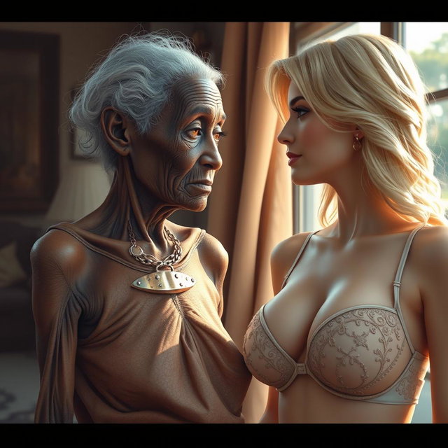 A realistic depiction of an unattractive, thin elderly African woman with a deep sense of longing in her eyes, gazing at a young blonde woman with large breasts, elegantly dressed in a fashionable bra