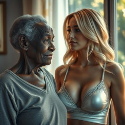 A realistic portrayal of an unattractive, thin elderly African woman with an expression of deep affection and love, gazing tenderly at a beautiful young blonde woman with large breasts, gracefully dressed in an elegant bra