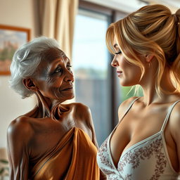 A realistic image of an unattractive, thin elderly African woman with a gentle expression of love, gazing fondly at a young blonde woman with large breasts, who is wearing a stylish bra