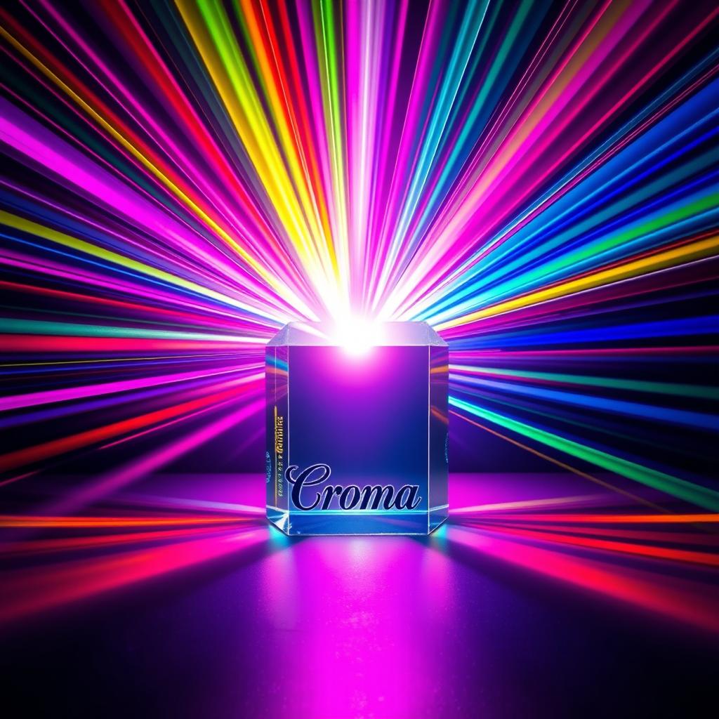 A striking and artistic visualization of a clear prism situated in the center of the composition, emitting an array of colorful beams of light in vibrant shades of pink, red, yellow, blue, green, and white
