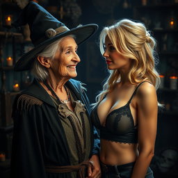 A realistic image of an unattractive, thin elderly woman dressed as a witch, with a warm and loving expression on her face, gazing affectionately at a young blonde woman with large breasts, who is wearing a stylish bra