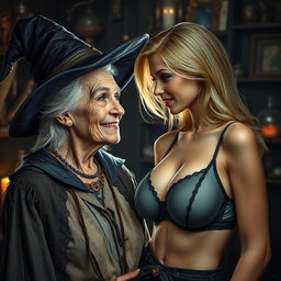 A realistic image of an unattractive, thin elderly woman dressed as a witch, with a warm and loving expression on her face, gazing affectionately at a young blonde woman with large breasts, who is wearing a stylish bra