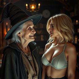 A realistic image of an unattractive, thin elderly woman dressed as a witch, with a warm and loving expression on her face, gazing affectionately at a young blonde woman with large breasts, who is wearing a stylish bra