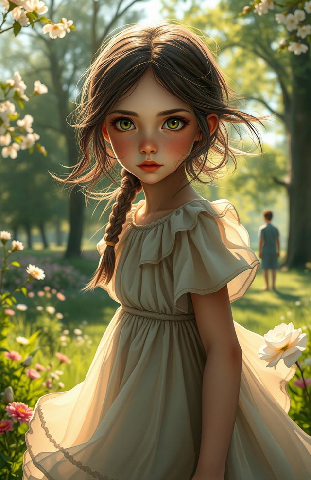 A captivating scene depicting a girl with striking features, dressed in a whimsical, flowing dress that appears slightly out of place in a serene park