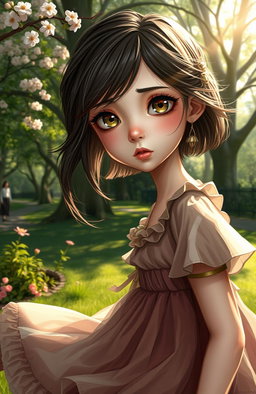 A captivating scene depicting a girl with striking features, dressed in a whimsical, flowing dress that appears slightly out of place in a serene park