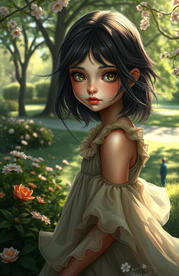 A captivating scene depicting a girl with striking features, dressed in a whimsical, flowing dress that appears slightly out of place in a serene park