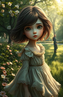 A captivating scene depicting a girl with striking features, dressed in a whimsical, flowing dress that appears slightly out of place in a serene park