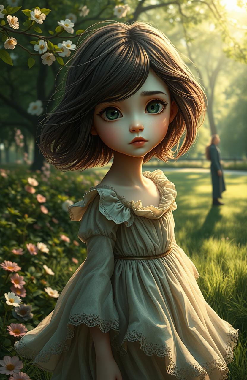 A captivating scene depicting a girl with striking features, dressed in a whimsical, flowing dress that appears slightly out of place in a serene park