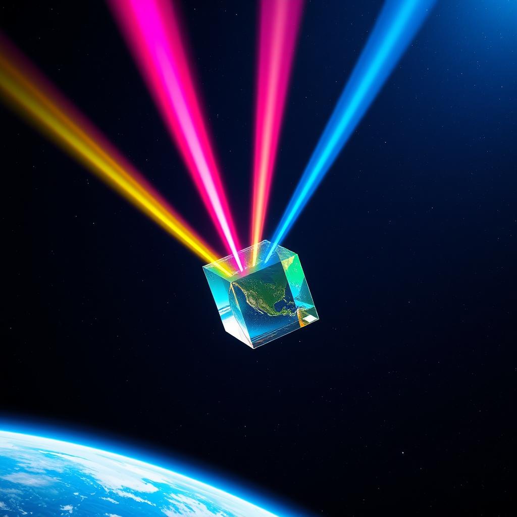 A captivating scene of a transparent prism floating in the vastness of space, with the planet Earth visible in the background, showcasing its beautiful blue oceans and green landmasses