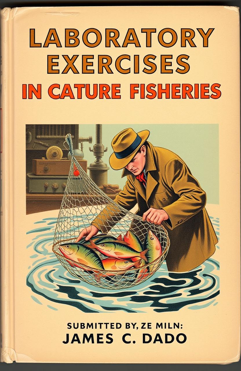 A captivating retro-style book cover for a detective novel titled "LABORATORY EXERCISES IN CAPTURE FISHERIES"